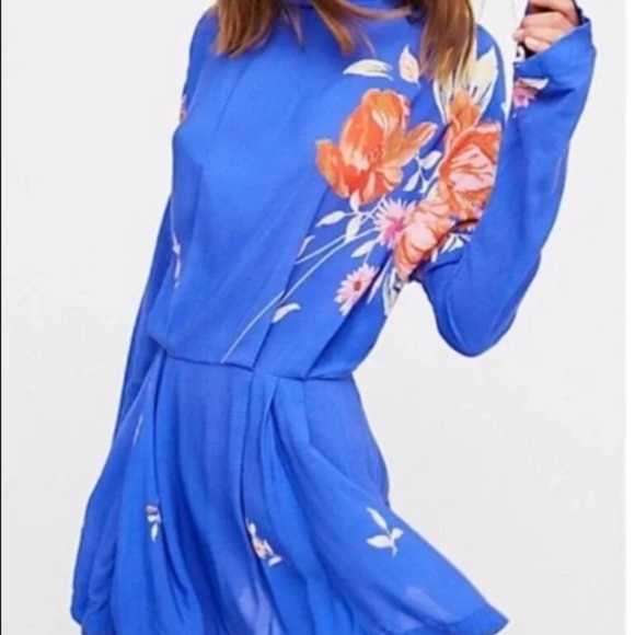 Free People Gemma Cobalt Blue and Orange Floral Tunic Top/Dress ** SZ M - Picture 2 of 12